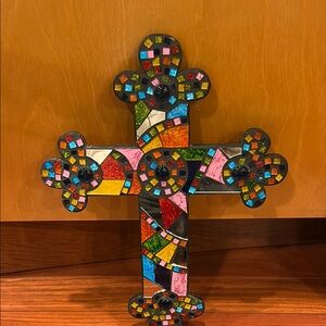 Psychedelic Mosaic and mirrored Cross Wall Art - Multicolor